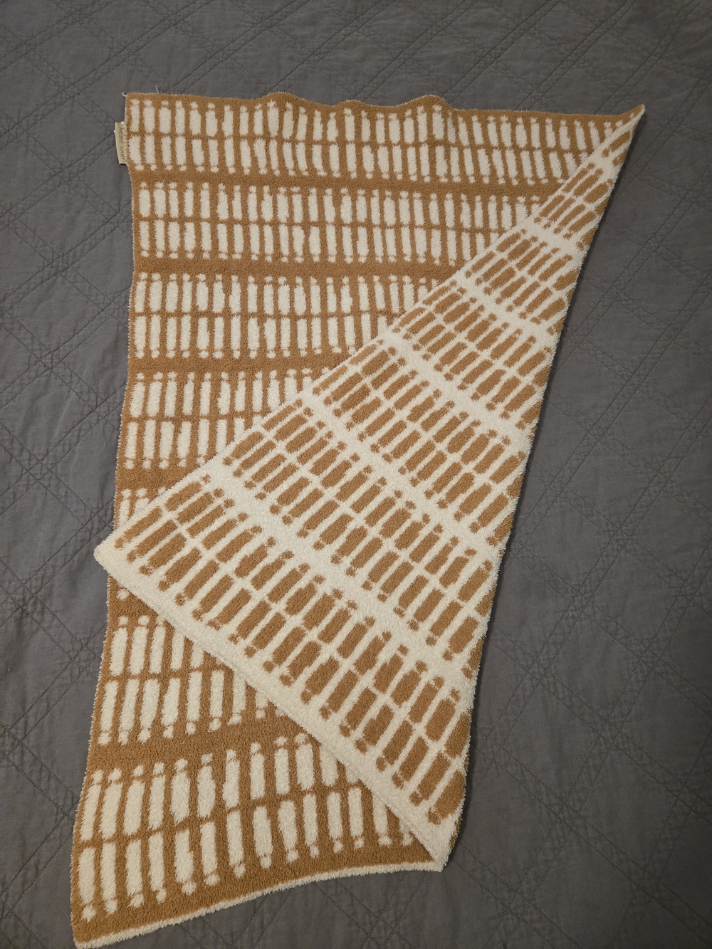 Reversible Camel and White Patterned Mebie Baby Plush Blanket (Child/Adult Size)